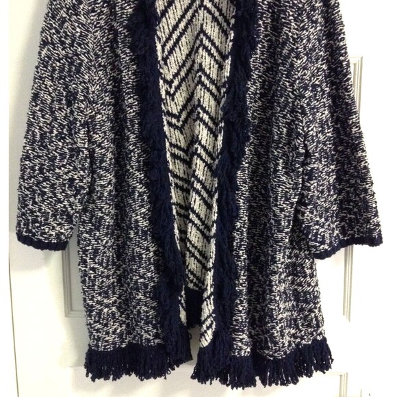 Lane Bryant Cardigan Sweater Wn 26/28 Blue White Striped Open Front Fringe Boho - Picture 4 of 11